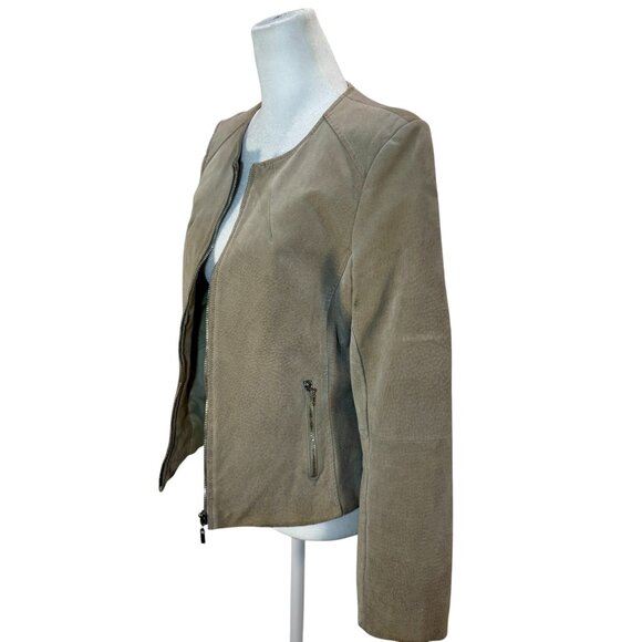 Women’s Taupe/Beige Suede Moto Jacket – Collarless Zip Front - Picture 3 of 8